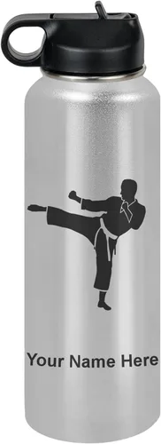Miniatura 27 de Botella de agua personalizada LaserGram, Karate Man, de acero inoxidable con doble pared aislada al vacío con tapa abatible, regalo personalizado