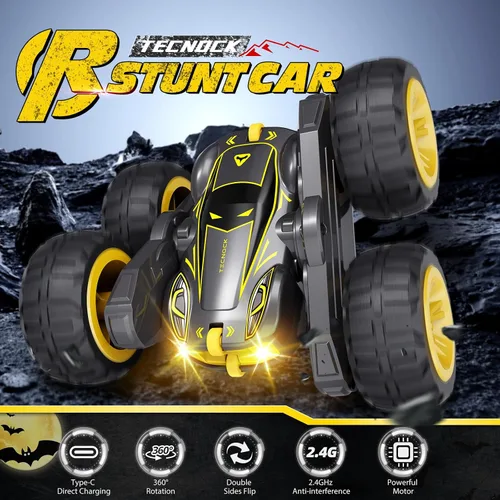 Miniatura 2 de Tecnock - Auto a control remoto para niños, autos RC de 2.4GHz con carga fácil USB-C, 4WD doble cara que gira 360° y voltea, auto de acrobacias RC
