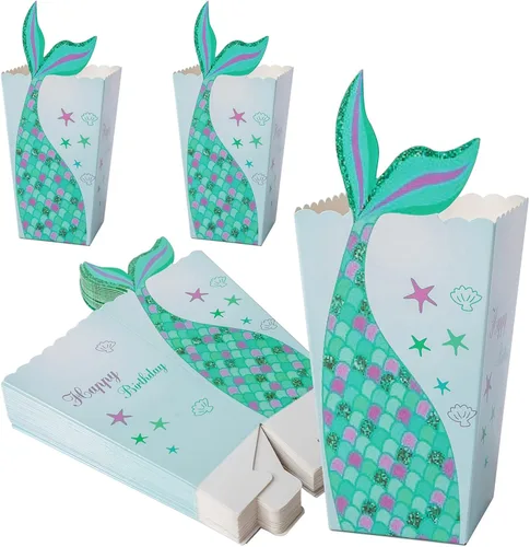 Lamantery Caja de 24 piezas de palomitas de maíz de sirena, caja de papel, suministros de fiesta de cumpleaños de sirena, contenedor de cartón para