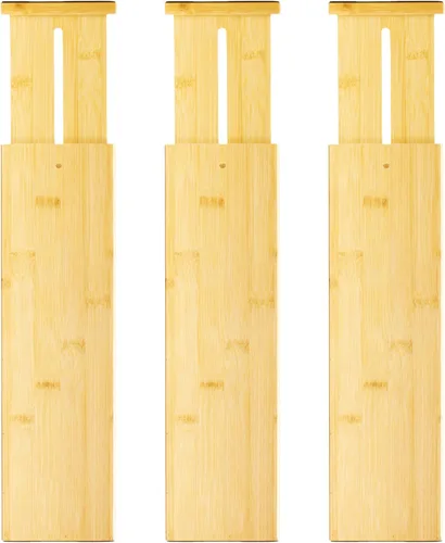 Miniatura 8 de VaeFae Paquete de 6 separadores de cajones de bambú ajustables, organizador de cajones expandible para utensilios de cocina, ropa, baño, oficina, se