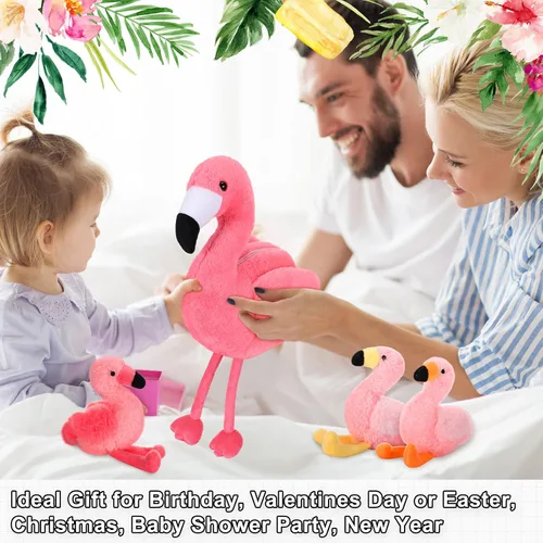 Miniatura 7 de Skylety Animal de peluche de flamenco de 18 pulgadas con 4 bebés, juguetes de peluche en el interior con cremallera para mamá, flamenco rosa
