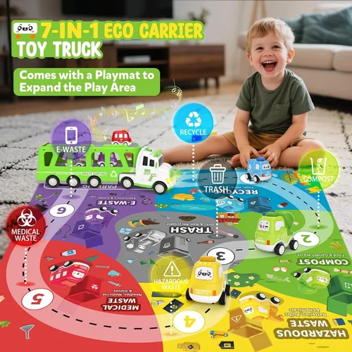 Miniatura 2 de Camión de juguete 7 en 1 para niños de 2, 3, 4, 5 años, camión transportador ecológico de 17 pulgadas más largo con 6 bonitos autos y tapete