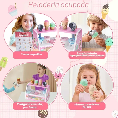 Miniatura 4 de WHOHOLL Juego de mostrador de helados de madera para niñas pequeñas, tienda de juegos, juguete de simulación, accesorios de cocina de juguete