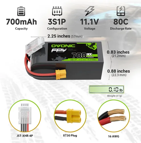 Miniatura 2 de OVONIC Batería Lipo de 11.1V 80C 700mAh 3S con enchufe XT30 [1 paquete que incluye 2 baterías]