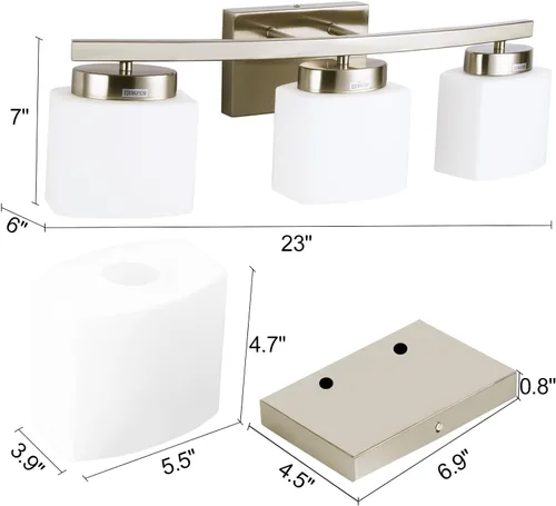 Lámpara de tocador de baño de 3 luces sobre el espejo, modernas luces de tocador de níquel cepillado con pantalla de vidrio lechoso, accesorios de