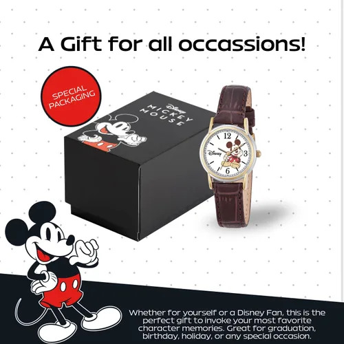 Miniatura 6 de Disney Mickey Watch - Watch for Women - Mickey Mouse Watches for Women Toys - 90s Mouse - Vintage - Articulating Hands - Gold Case - Brown Leather