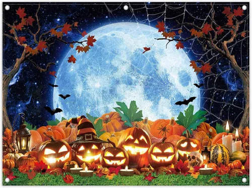 Telón de fondo de fotografía de Halloween de 8 x 6 pies, parche de calabaza, cielo estrellado, luna, fondo nocturno, camión o golosinas,