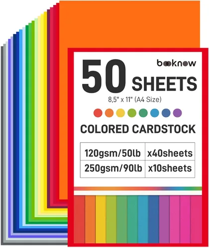 BOOKNOW 50 piezas de papel de color, incluye 40 hojas de papel de construcción de 50 libras/4.23 oz/m² y 10 hojas de cartulina de colores surtidos