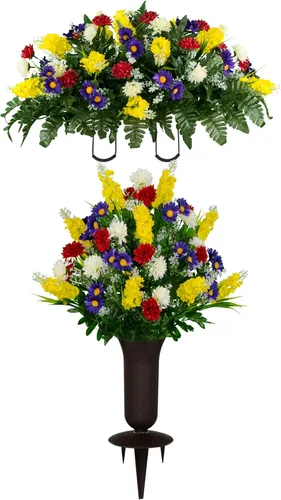 Miniatura 11 de Sympathy Silks Flores artificiales para cementerios – Decoraciones para tumbas - 1 ramo de flores silvestres de violeta púrpura y naranja, 1 montura