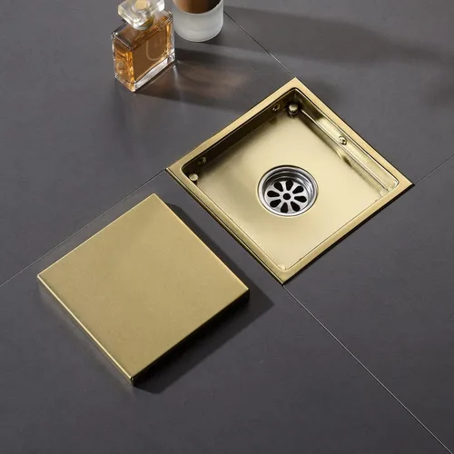 Miniatura 5 de Desagüe de ducha cuadrado dorado cepillado de 6 pulgadas, con cubierta de rejilla extraíble, forma oculta, acero inoxidable SUS304 Negro mate
