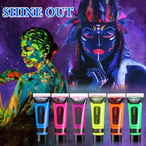 Miniatura 7 de 12 piezas de pintura corporal que brilla en la oscuridad, juego de maquillaje de luz negra fluorescente neón, juego de pintura facial