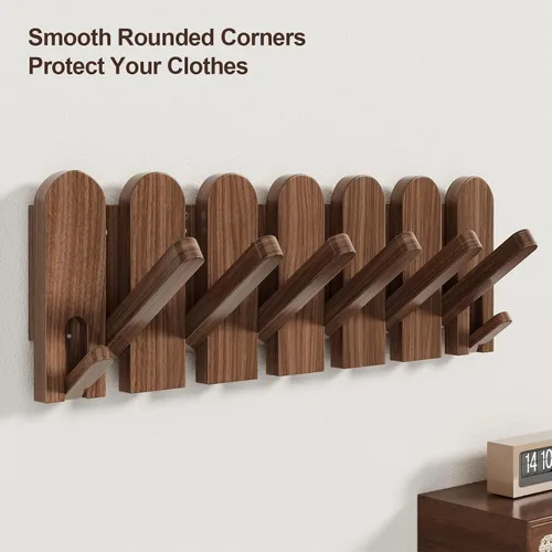 Miniatura 5 de Perchero de madera de nogal, montaje en pared, 16.5 pulgadas, con 8 ganchos retráctiles, ganchos resistentes para colgar abrigos, sombreros