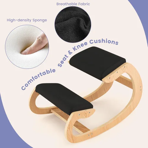 Miniatura 6 de GOFLAME Silla ergonómica para arrodillarse, mecedora de madera con cómodo cojín de asiento acolchado y soporte de rodilla para oficina en casa, Negro