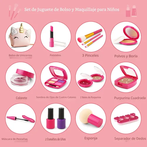 Miniatura 5 de Kit de maquillaje de simulación para niñas pequeñas, juego de maquillaje para niños de 3 a 5 años, bolso de juguete de unicornio con maquillaje