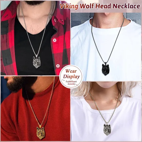 Miniatura 5 de FaithHeart Collar con colgante de lobo vikingo nórdico para hombres y mujeres, acero inoxidable, chapado en oro de 18 quilates, joyería con embalaje