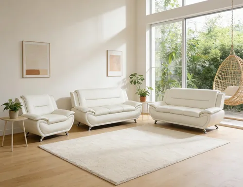 Miniatura 32 de Sofás Seccionales de Cuero, Conjuntos de Muebles de Sala de Estar, 3 Piezas Conjunto de Sofá Moderno para Sala de Blanco crema