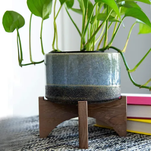 Miniatura 3 de Flora Bunda Mid Century - Soporte de cerámica de lava sobre madera, 5.1 pulgadas, color azul
