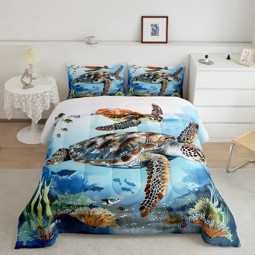 Miniatura 24 de Erosebridal Juego de edredón de ballena náutica, tamaño individual, juego de ropa de cama vintage azul con ondas oceánicas para niños y niñas