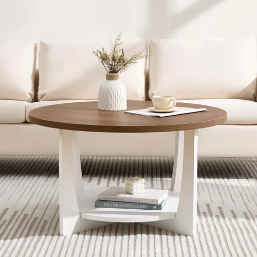 Miniatura 6 de BECHAEO Mesa de centro redonda de 31.5 pulgadas con patas de pino de madera maciza, mesa de centro rústica de 2 niveles con estante