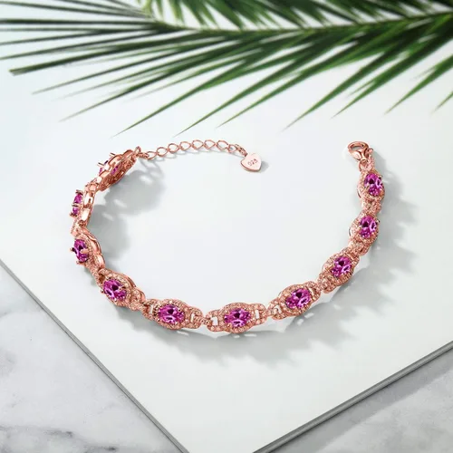 Miniatura 79 de Gem Stone King 18K Rose Gold Plated Silver Oval Gemstone Birthstone Tennis Bracelet For Women Oval 6X4MM 7 Inch With 1 Inch Extender Fine