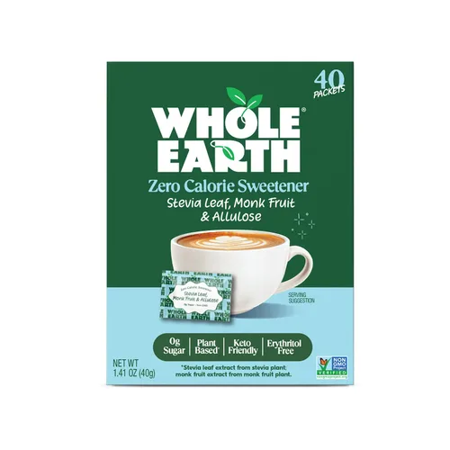 Whole Earth Stevia & Monk Fruit con paquetes edulcorantes de alulosa, 40 unidades, cero calorías, apto para dieta cetogénica