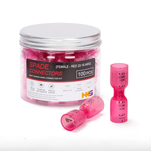 HKS 100 conectores de pala hembra rojo 22-16 AWG – Kit de conectores de cable de desconexión rápida eléctricos termorretráctiles – cobre rojo