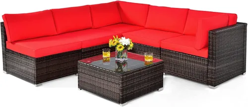 Miniatura 11 de Tangkula Juego de muebles de patio de 6 piezas, juego de conversación de mimbre para exteriores con mesa de café de cristal, juego de sofá de mimbre