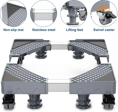 Miniatura 5 de Base móvil de soporte para refrigerador mejorado con 8 ruedas de bloqueo y 4 pies fuertes de 27.5"-35.4" ajustable, soporte para muebles
