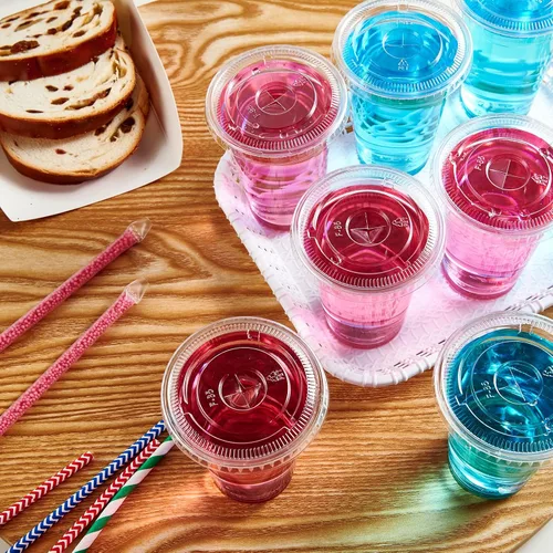 Miniatura 6 de Lilymicky 200 juegos de vasos de plástico transparente de 10 onzas con tapas planas, vasos desechables de 10 onzas para batidos, Slurpee o cualquier