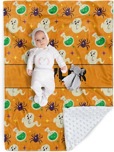 Miniatura 16 de Manta de Halloween personalizada, nombre personalizado con diseños de dibujos animados de Halloween, manta de franela de felpa suave con respaldo