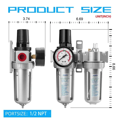 Miniatura 6 de NANPU 1/2" NPT Regulador de presión de filtro de aire Lubricador Kit de medidor de secador de agua/aceite Separador de trampa 3 en 1 Unidad gemela