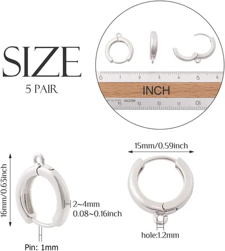 Miniatura 4 de Fashewelry 10 piezas de aretes de aro Huggie – Ganchos redondos de platino real, aros gruesos de latón con lazo para hacer joyas, colgar y perforar