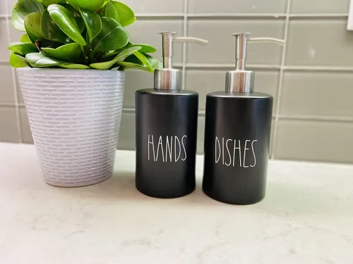 Miniatura 8 de Modern Farmhouse - Juego de dispensador de jabón para manos y platos de cerámica para cocina, bombas de acero inoxidable, botellas negras de 14