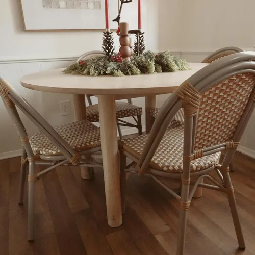 Miniatura 43 de PURPLE LEAF Juego de 1 silla de comedor al aire libre, marco de aluminio francés en acabado de bambú con ratán tejido ámbar y blanco para cocina