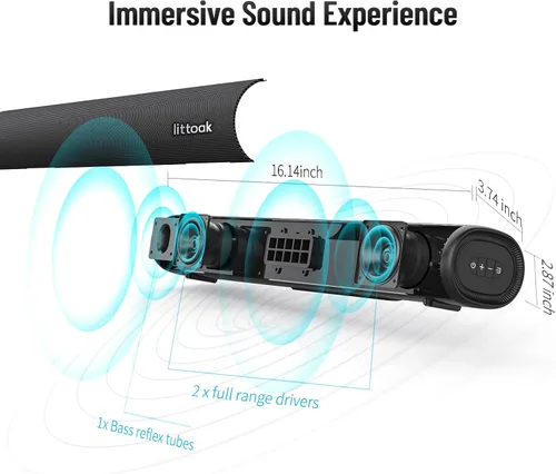 Miniatura 2 de LITTOAK Barra de sonido para TV, barra de sonido BT 5.0, barras de sonido de 50 vatios y 16 pulgadas para audio doméstico, juegos, proyectores
