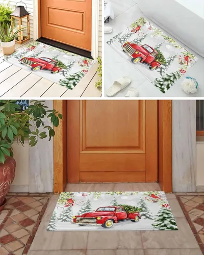 Miniatura 6 de Alfombra de baño esponjosa para camión rojo, cardenal de Navidad, antideslizante, alfombra suave para piso, árbol de Navidad, conos de pino, nieve