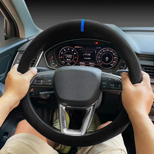 Miniatura 3 de Carodi Funda de gamuza para volante, de cuero antideslizante, ajuste interior de automóvil de 15 pulgadas, universal Negro (etiqueta azul)