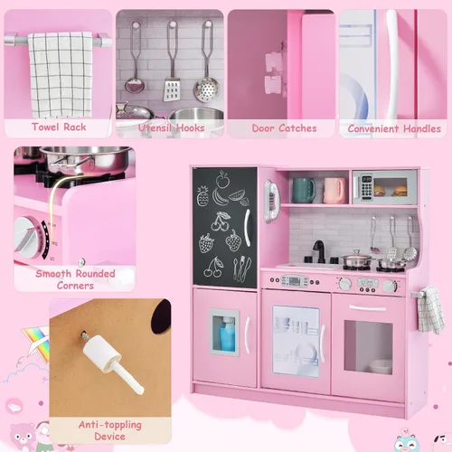 Miniatura 3 de MAT EXPERT Juego de Cocina para Niños, Cocina de Juguete de Chef de Madera con Pizarra, Máquina de Hielo, Accesorios de Utensilios de Cocina, Rosa