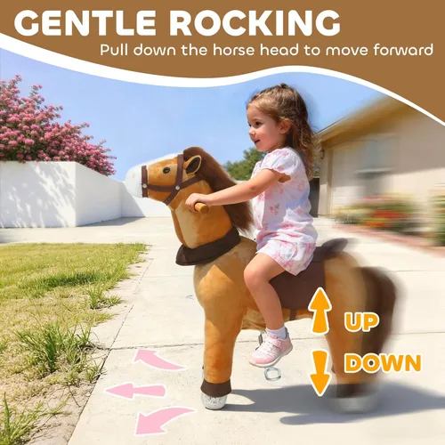 Miniatura 4 de Qaba Caballo para montar para niños de 3 a 5 años, pony de peluche de 29.5 pulgadas de altura, caballo andador con ruedas rodantes para juego