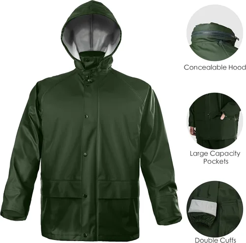 Miniatura 5 de FWG Traje de lluvia para hombre, chaqueta de trabajo impermeable resistente y pantalones con capucha