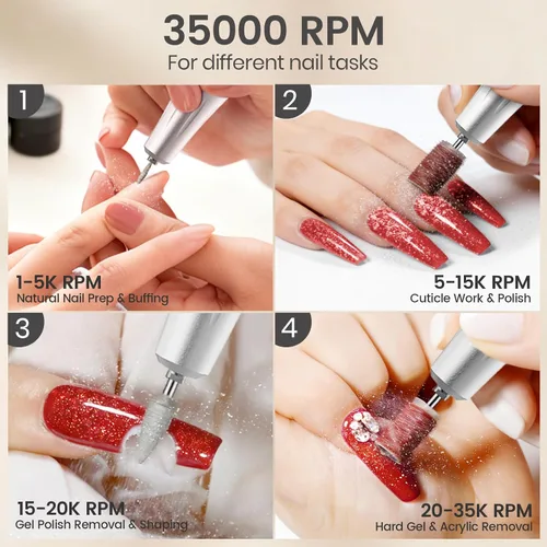 Miniatura 6 de Delanie Taladro de uñas de 35000 RPM, eliminación rápida portátil de archivos electrónicos para acrílicos, extensiones de gel y polvo de inmersión