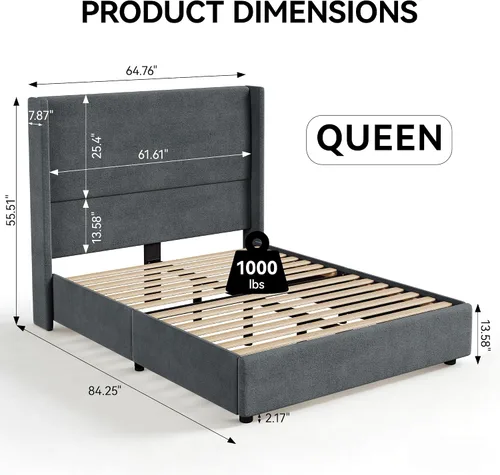 Miniatura 2 de Base de cama tamaño Queen con plataforma tapizada de tela de lino con cabecera de 55.51 pulgadas de alto con respaldo de alas y soporte de listones