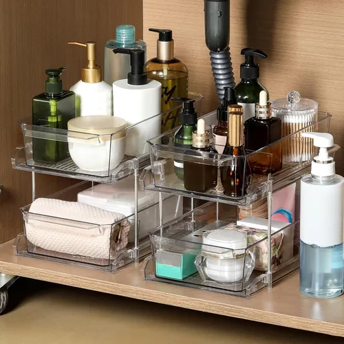 Miniatura 7 de Organizador transparente de 2 niveles con separadores para gabinete, estante, encimera - Contenedor de almacenamiento deslizable multiuso - Cajones