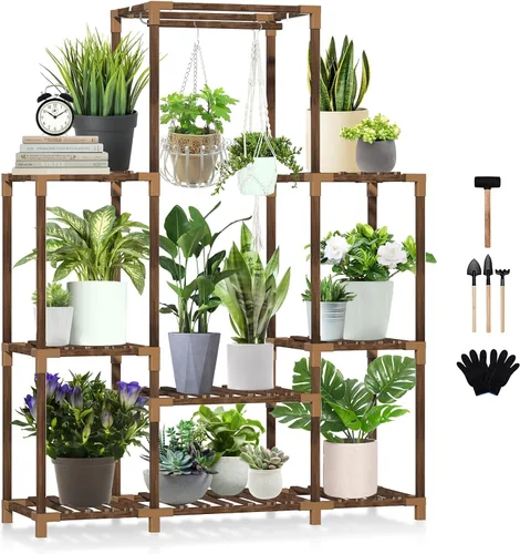 Uneedem Soporte para plantas para interiores y exteriores, estante alto para múltiples plantas, 8 niveles, 12 macetas, estante grande de madera de