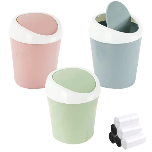 Miniatura 10 de SITAKE 2 cubos de basura de plástico con 120 bolsas de basura, pequeño cubo de basura de escritorio con tapa abatible para el hogar, oficina