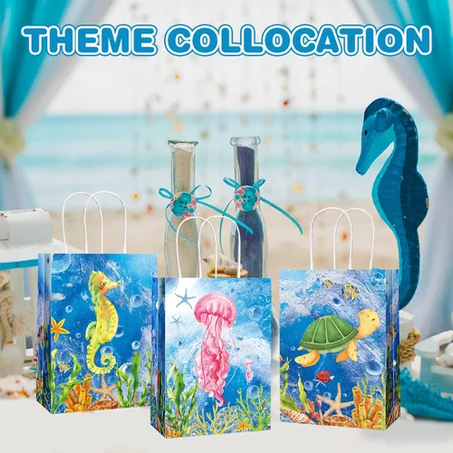 Miniatura 5 de Outus 24 bolsas de regalo para fiesta de animales marinos, temática oceánica, fiesta temática submarina, golosinas, bolsas con asa colorida