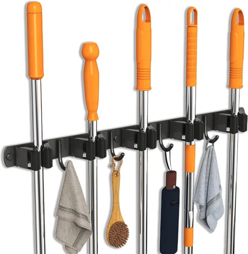 Miniatura 17 de CUXIXA Organizador de escoba y trapeador para colgar en la pared, soporte de pared mejorado para trapeador y escoba, soporte de pared de acero Plata