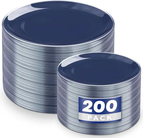 Miniatura 10 de KIRE 175 platos de plástico azul con borde plateado y cubiertos desechables con mango azul y tazas de borde plateado, servilleta de mano y vajilla