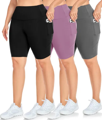 NEW YOUNG Paquete de 3 pantalones cortos de ciclismo de talla grande con bolsillos para mujer, pantalones de yoga de cintura alta de 8 pulgadas,