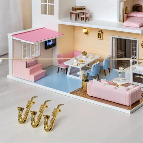 Miniatura 3 de Toyvian Juguetes de saxofón en miniatura, 9 piezas a escala 1:12, mini instrumentos musicales dorados, accesorios de decoración de casa de muñecas